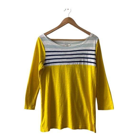 Madewell Tops - Madewell Preppy Striped 3/4 Sleeve Yellow Lightweight Baseball T Shirt Size M